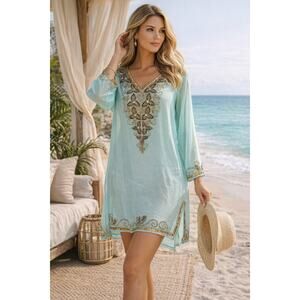 Hand Beaded Sheer Tunic Dress Kaftan Cover Up Mint Aqua Boho Resort Womens M